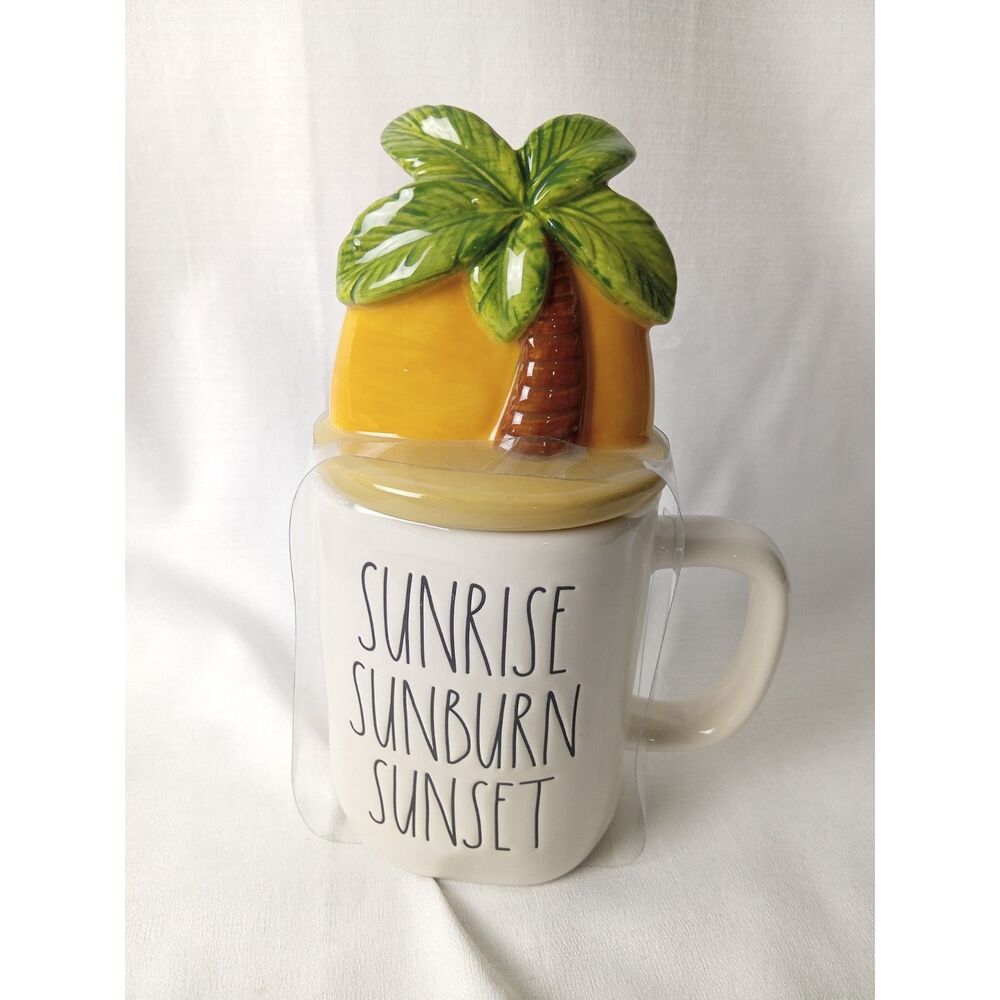 Rae Dunn Sunrise Sunburn Sunset Mug Palm Tree Lid Tropical Ceramic New